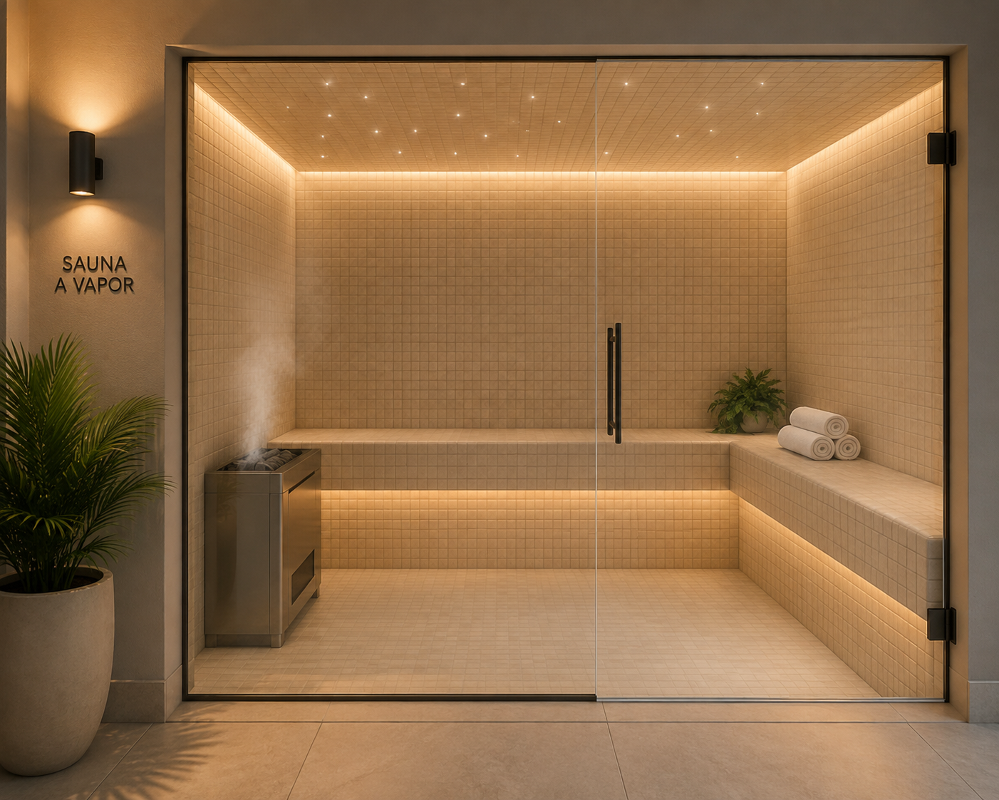 Sauna a vapor com bancos revestidos e iluminação indireta