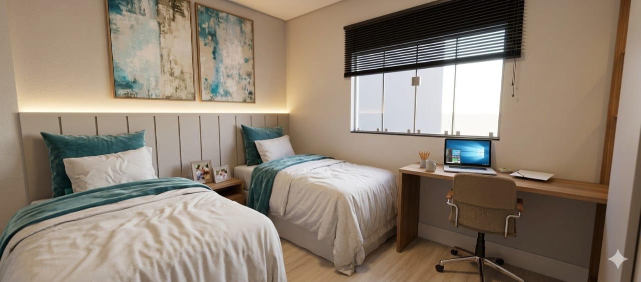 Segundo quarto com duas camas e escrivaninha