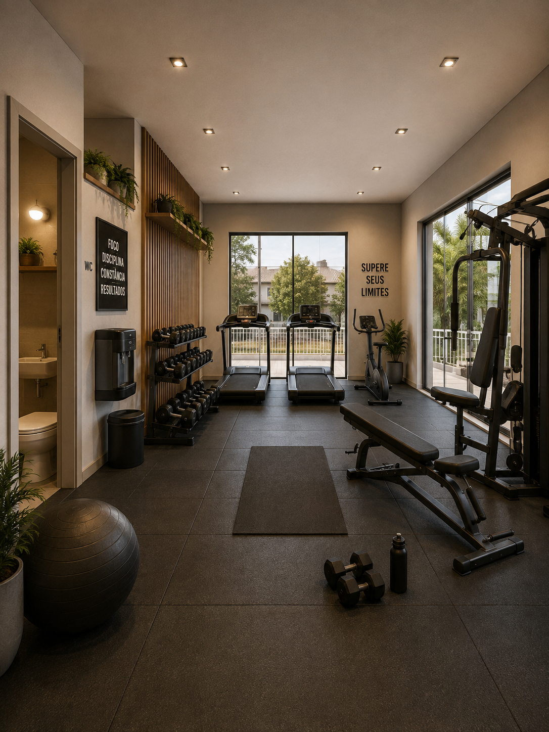 Academia equipada com esteiras, halteres e estação de musculação